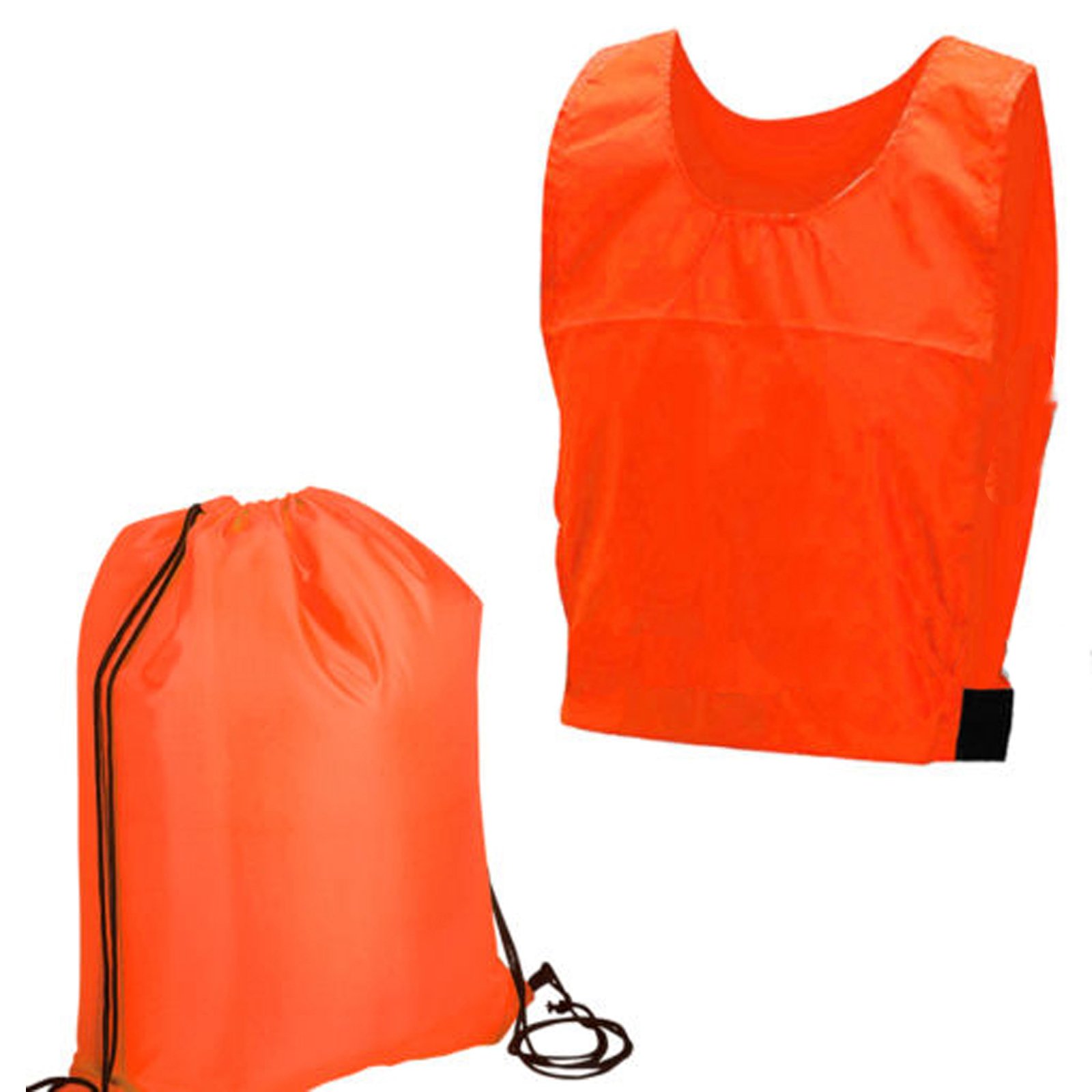 Pack of 10 Sports Training Bibs Soccer Team Rugby Match Outdoor Sports Kit Kids Adults Netball Shirt (10x ORANGE+BAG, S)