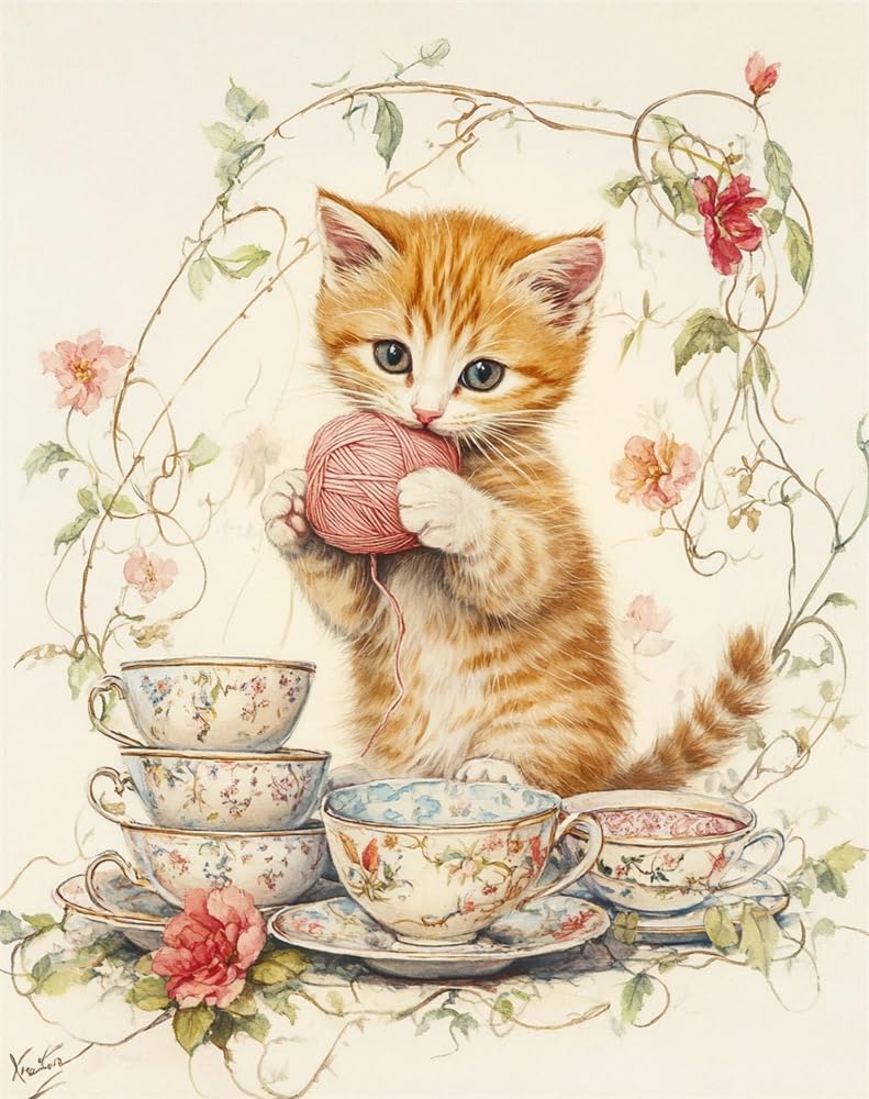 Henypt Bead Embroidery Kit On Art Canvas -Kitten Playing with A Ball DIY Beadwork Kit Embroidery Pattern Gift for Her DIY Craft Kit
