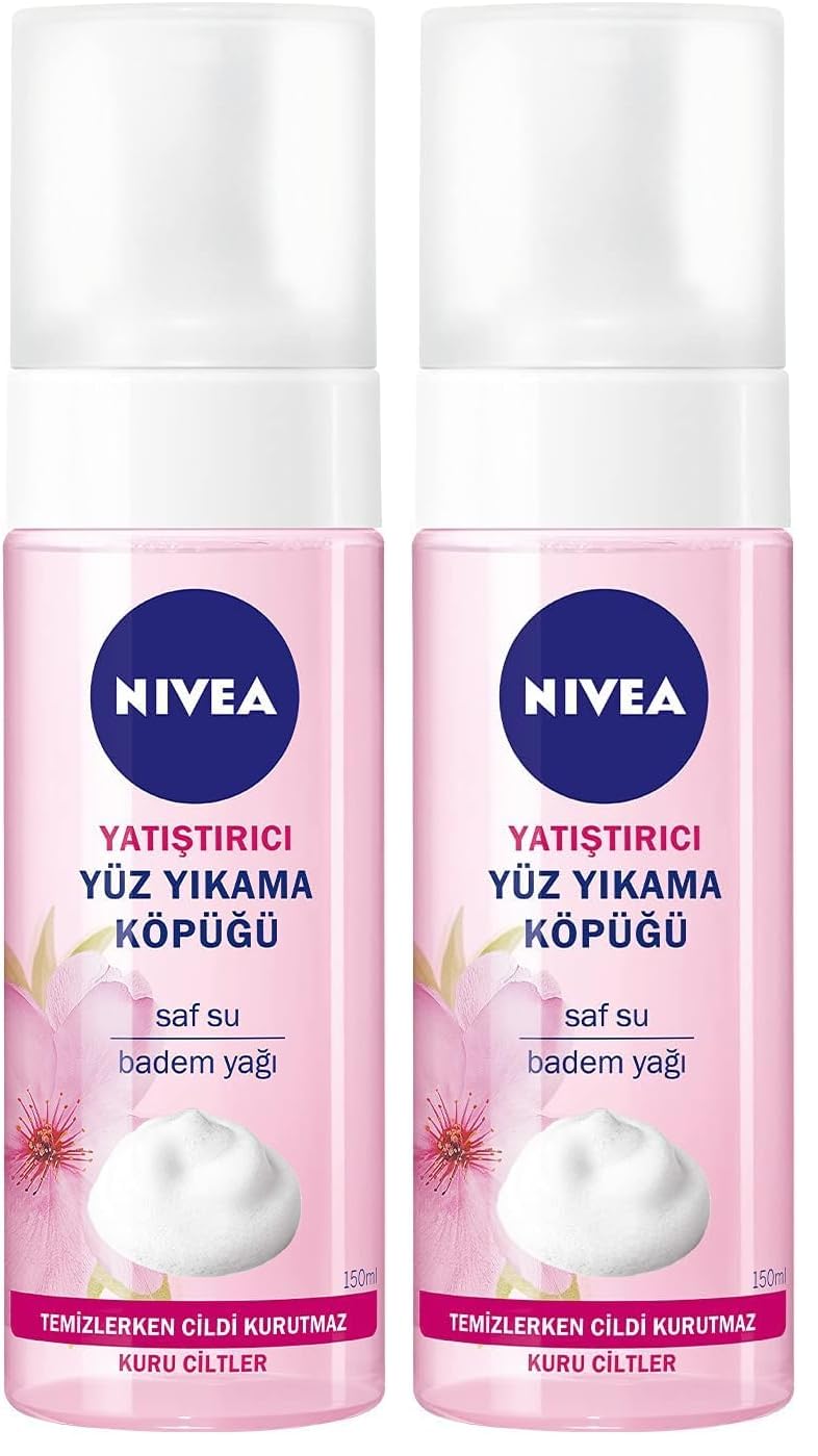 NIVEA Yüz Yıkama Köpüğü Yatıştırıcı 150 ml, Kuru Ciltler, Derinlemesine Yüz Temizleme, Doğal Badem Yağı ile Cilt Bakım (2 paketi)