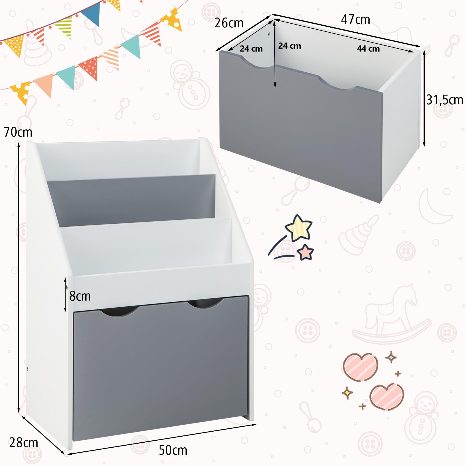 COSTWAY Libreria Montessoriana per Bambini, Scaffale per Libri a 3 Livelli con Cassetto Inferiore e 4 Ruote, per Cameretta, Stanza dei Giochi e Asilo, 50 x 28 x 70 cm, Grigio e Bianco