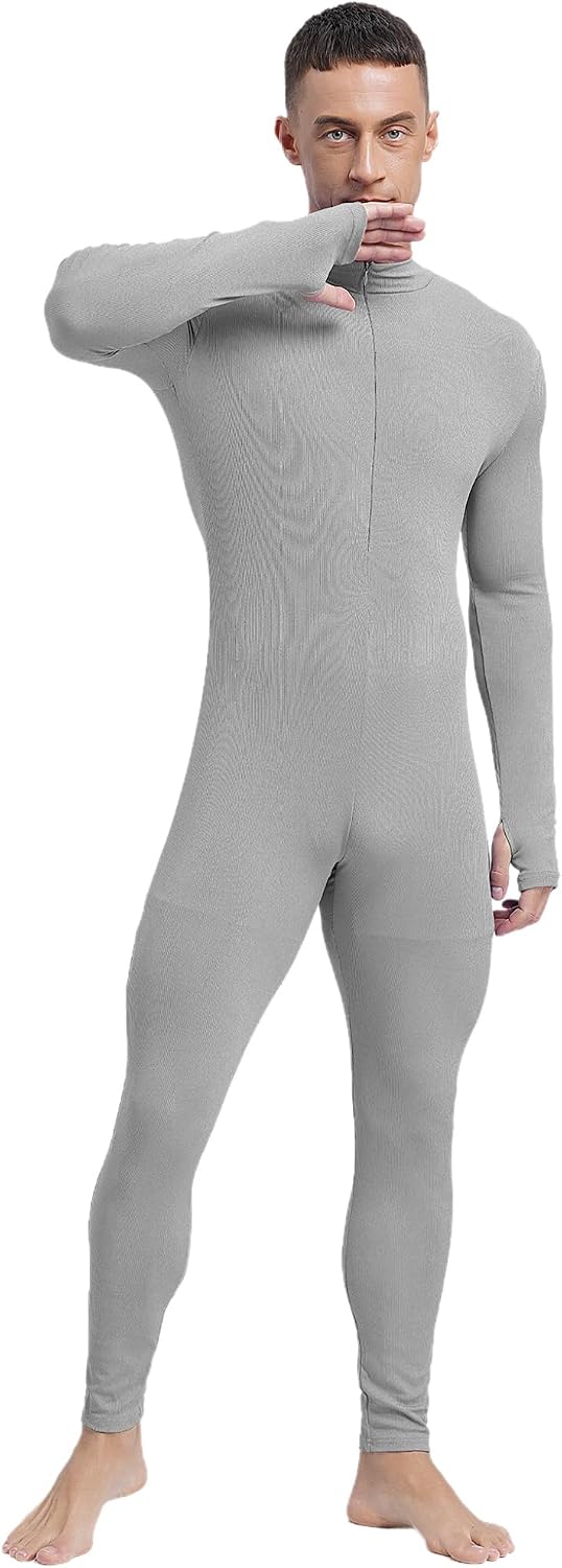 Mens Long Sleeves Bodysuit Long Sleeve Unitard Front Zipper Leotard Jumpsuits Costume