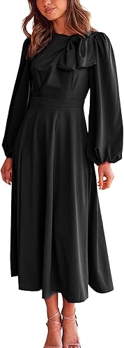 BTFBM Vestido largo formal 2023 para mujer, manga larga abombada, cuello redondo, corbatín, acampanado, largo, fluido, vestido de fiesta de