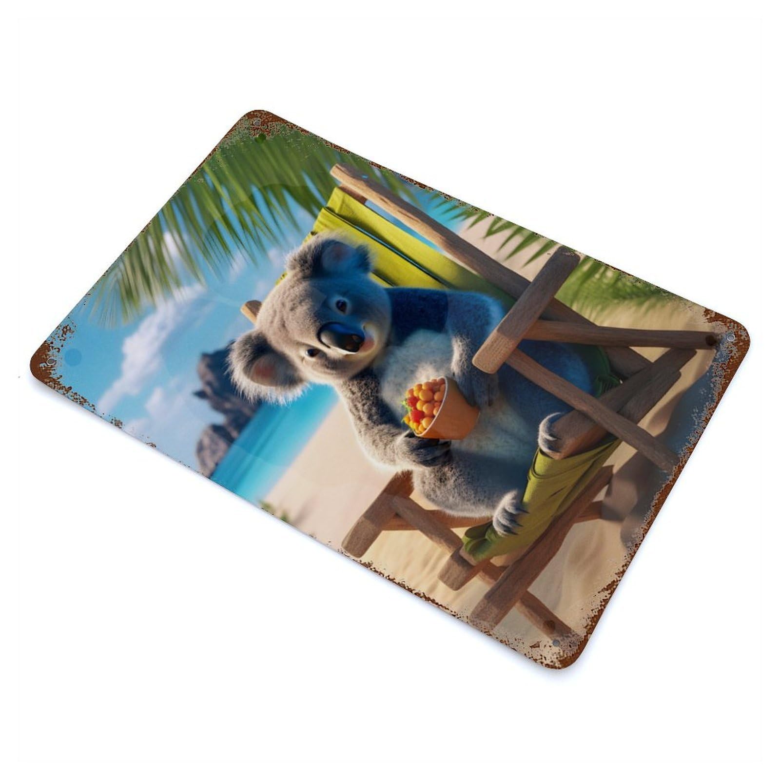Rust Effect Koalas Relaxing The Beach Aged Metal Wall Plaque 11.8"x7.9", Farmhouse Wall Decor for Office, Studio And Wall Decor