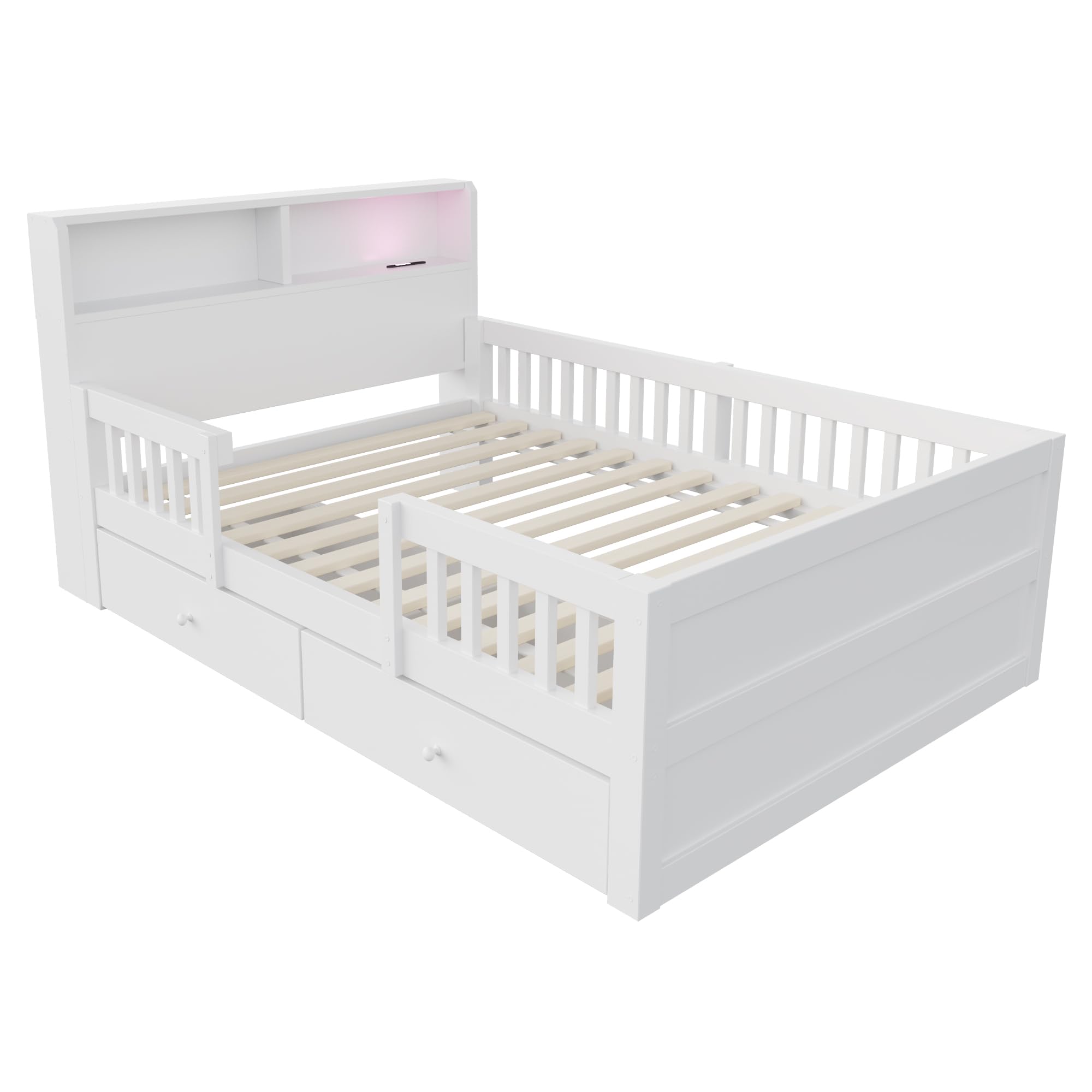 Cama de Madera de 90x190 cm, cabecero con repisa, Color Blanco