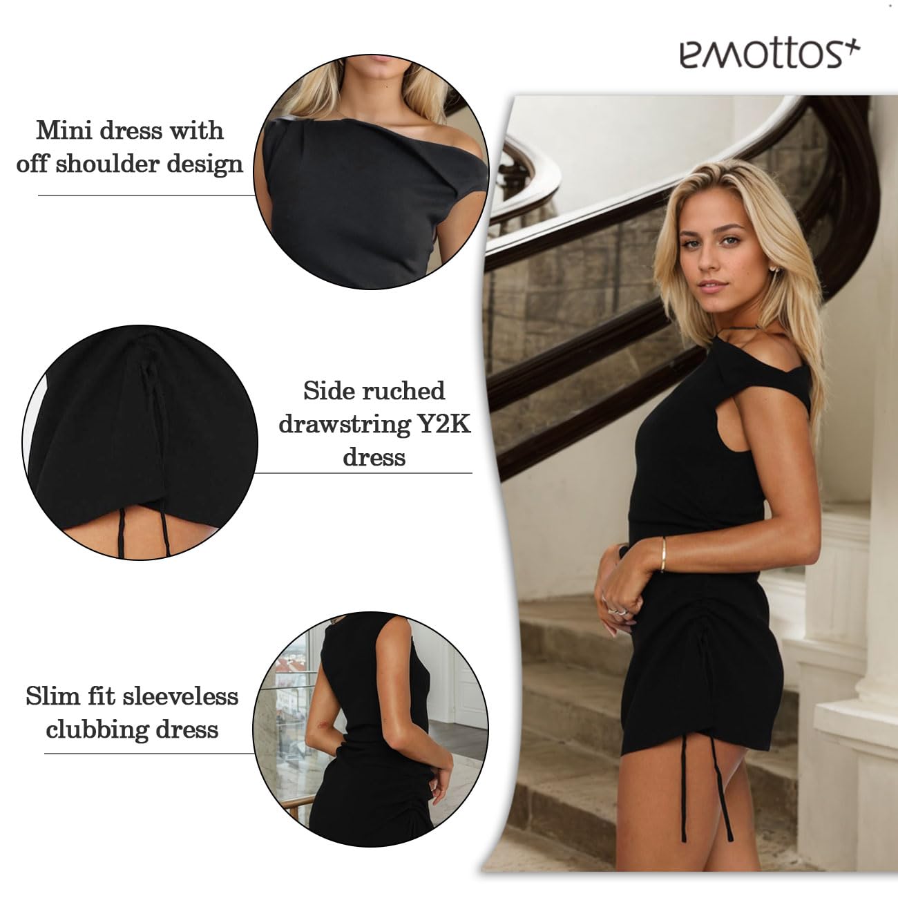 Vestito Donna Corto Monospalla Mini Abito, Slim Fit Senza Maniche Increspato Abiti Bodycon, Vestito da Cocktail ad Alto Elastico, Y2K Vestito da Sera per Club, Nero, S-XL