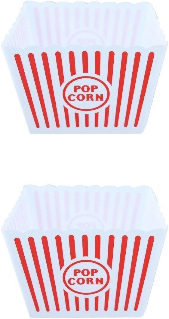 GoPopCorn 2 PCS Large Retro Striped Cinema Design Striped Plastic Popcorn Holder Tub White
