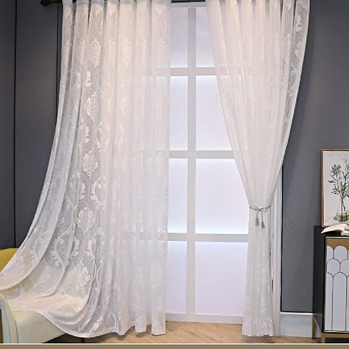 Miniatura 6 de Amidoudou 1 par de cortinas de gasa hueca de jacquard europeo de tul para sala de estar y dormitorio (blanco, 39 x 84 pulgadas)