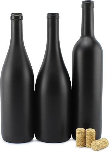 Cornucopia Brands Botellas de vino negro con corchos (juego de 3); botellas de vino de vidrio con revestimiento mate negro de varios tamaños para