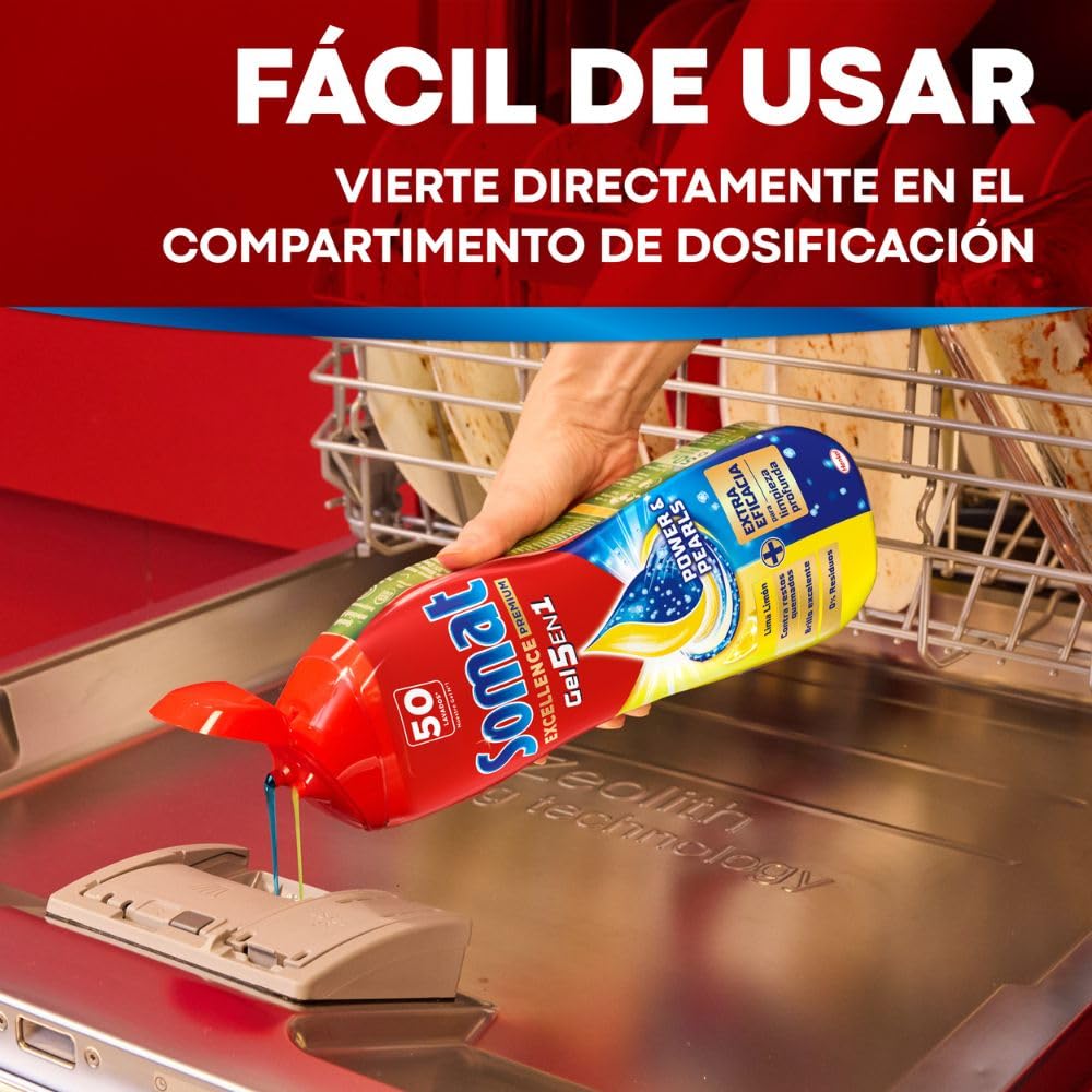 Somat Excellence 5 en 1 Gel Premium para Lavavajillas (200 Lavados), Detergente para Lavavajillas con Aroma a Limón, Para una Vajilla Perfectamente Limpia Incluso en Programas Eco y Ciclos Cortos
