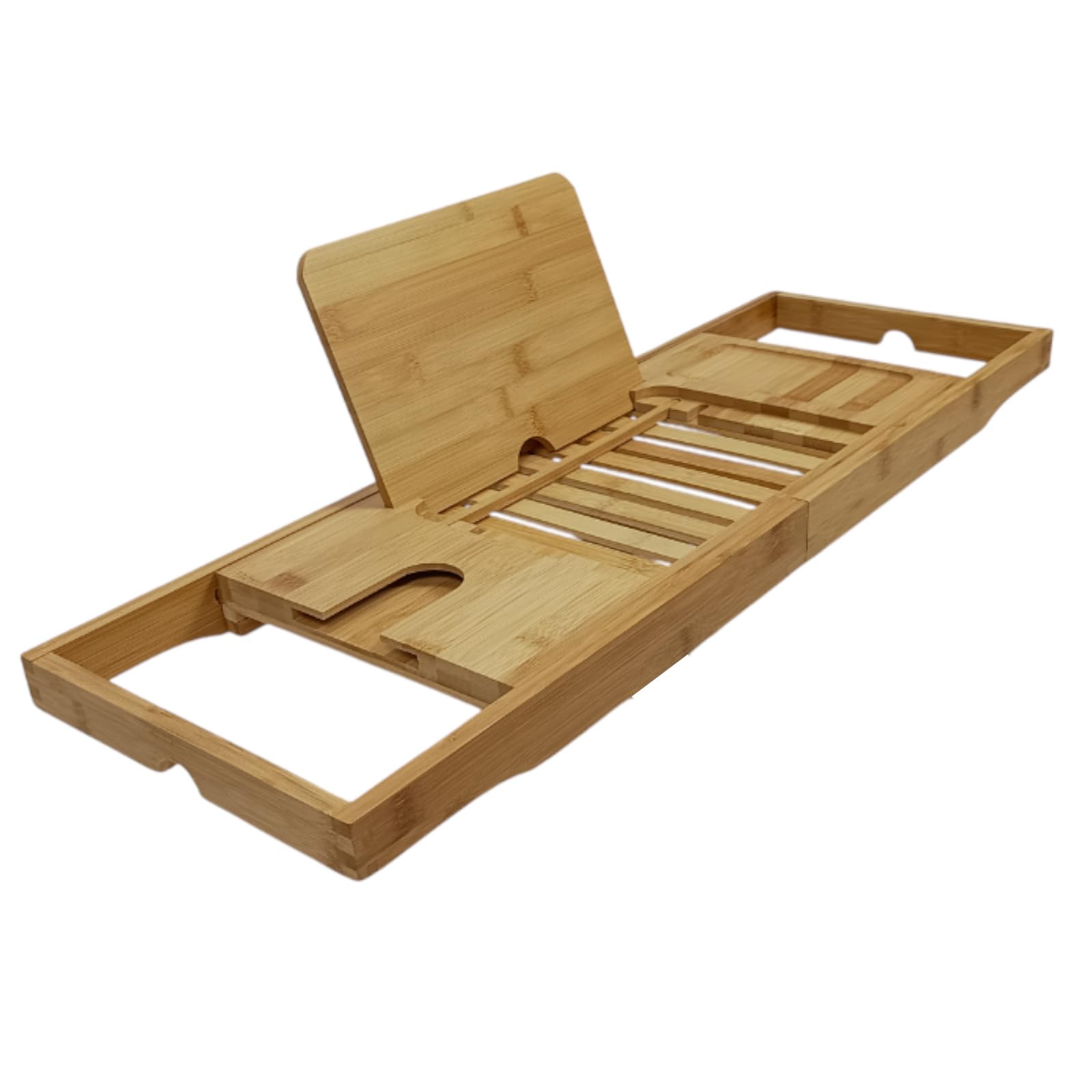 Badewannenablage 70-104 x 23,5 x 4 cm, ausziehbares Badewannenregal aus Bambus, Badewannenbrett mit Buchstütze und Ablagefächern, Natur