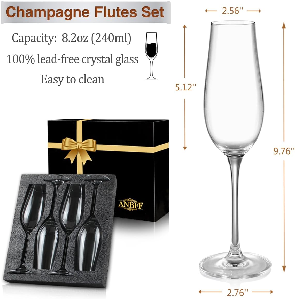 Champagne Flutes Set of 4 - Hand Blown Crystal Champagne Glasses - 8.2oz Prosecco Wine Flute - Elegant Mimosa Glasses - Unique Gift for Mother's Day, Wedding, Birthday