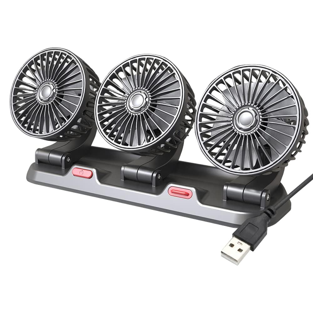 Riloer Ventilador de aire de refrigeración portátil para coche, 360 ° giratorio Circulador de Aire Eléctrico de Tres Cabezales, Ventilador USB con 2 Velocidades Ajustables para Vehículos SUVy Oficina