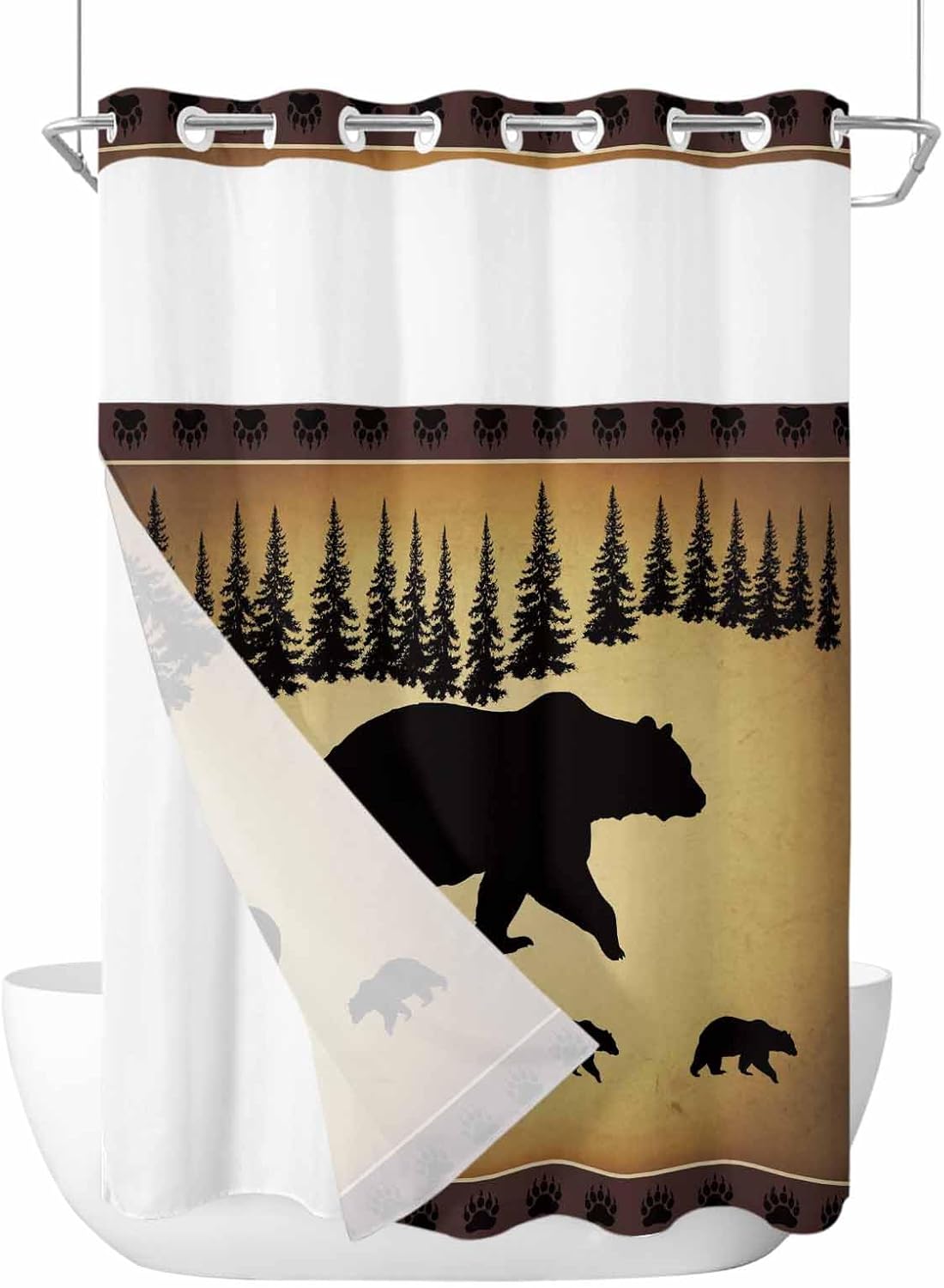 No Hook Black Bear Shower Curtain with Snap in Liner Set, Vintage Animals Farmhouse Pine Brown Forest Waterproof Fabric Bathroom Curtains with See Through Top Window, Modern 60 x 72 Inch