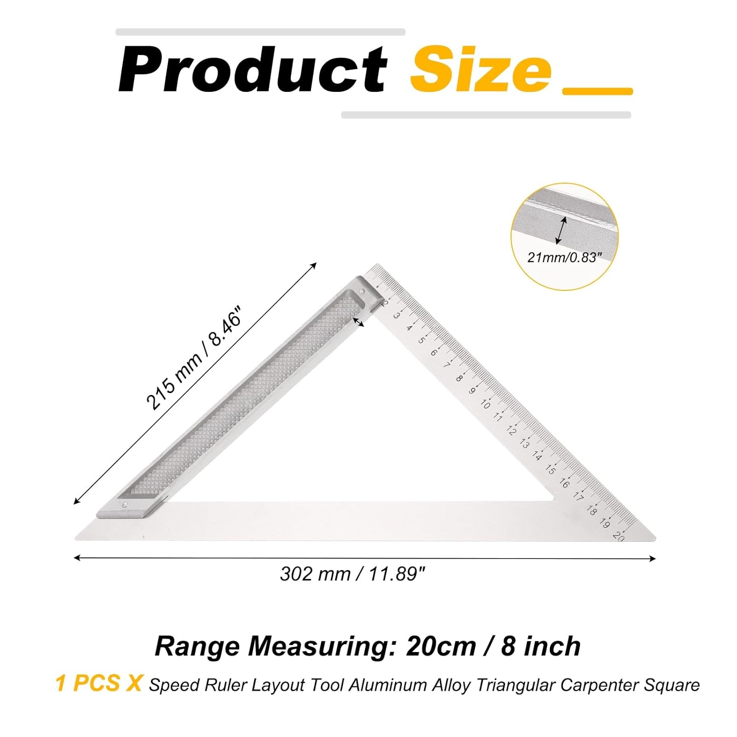 sourcing map Rafter Square 8" Imperial Aluminum Alloy Carpenter Measuring Layout Tool Metal Triangle Ruler Protractor for Woodworking and Carpentry