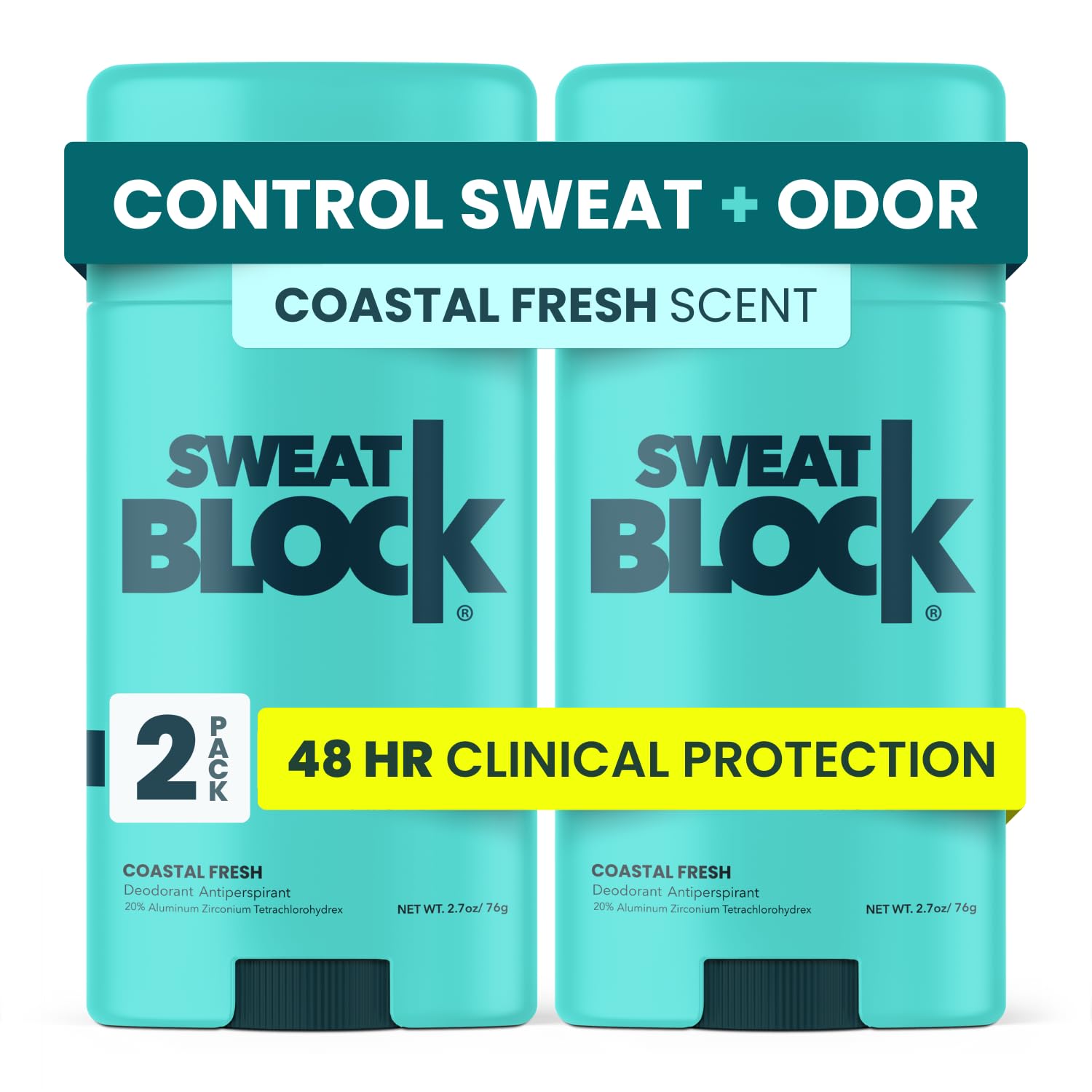 SweatBlockClinical Strength Deodorant and Antiperspirant for Men and Women Coastal Fresh Scent 2 Pack 48 Hour Protection Against Odor and Excessive Sweat Ideal for Active Lifestyles and Daily Use
