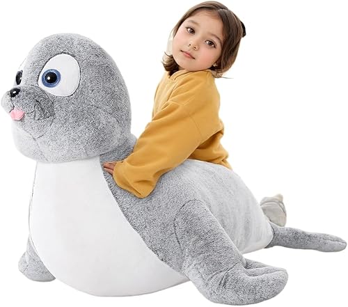 BENINY Animal de peluche gigante de 43 pulgadas, juguete de peluche grande con sello de peluche suave para niños y niñas, color gris