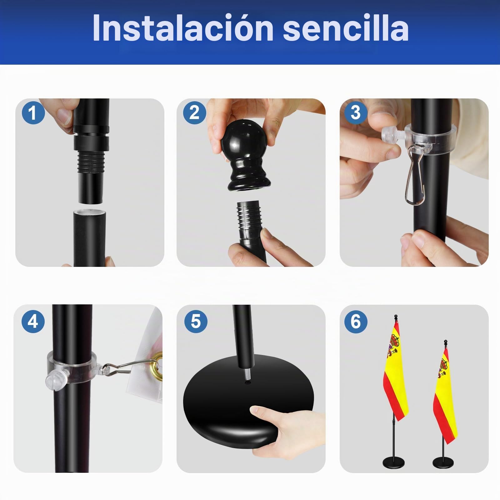 Mástil de bandera de interior con base, 200 cm-252 cm elevado y bajado para ajustar la altura, la base añade peso, los mástiles giran 360 grados, bandera de España de 90 x 150 cm. Adecuado para