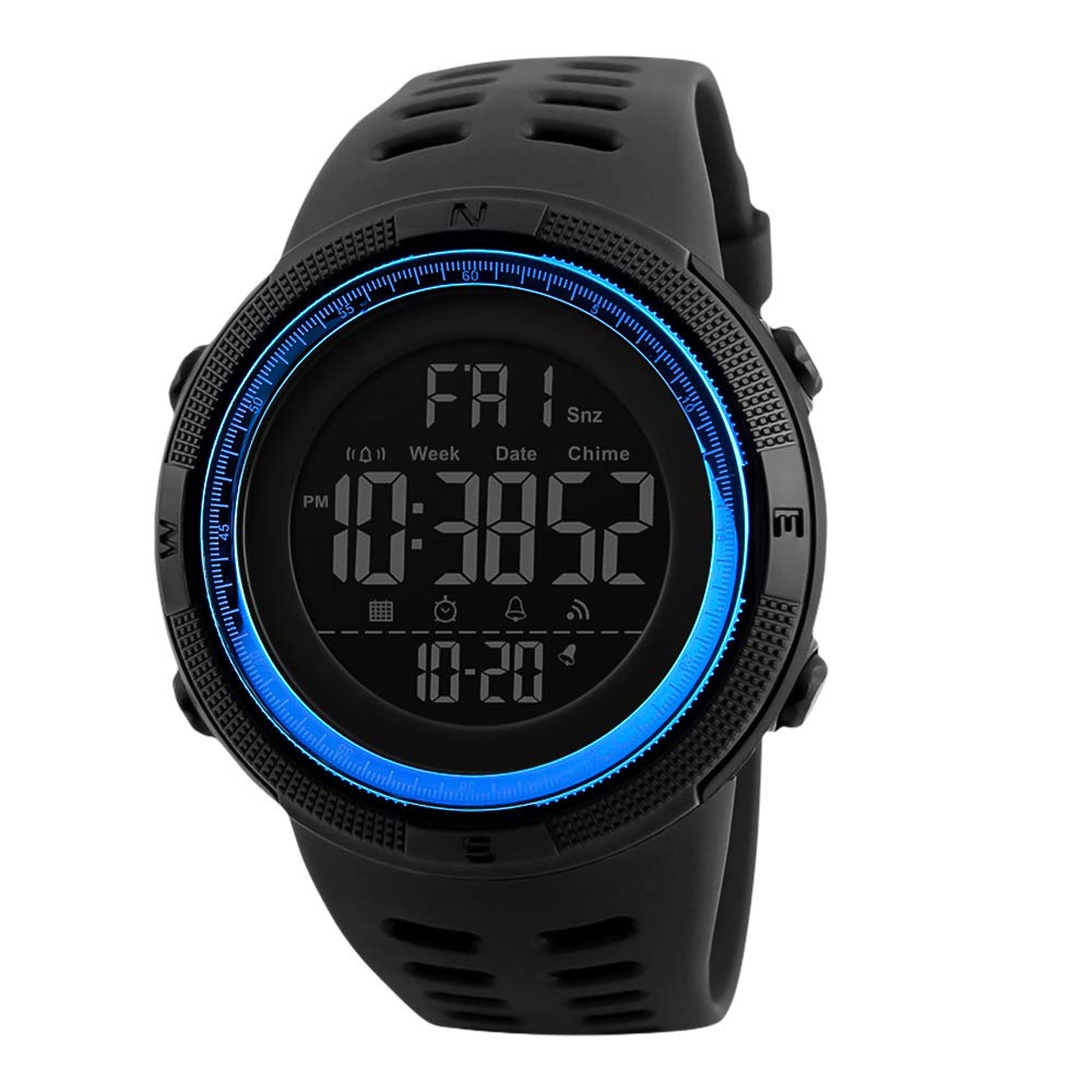 BOZLUNMen's Digital Sports Watch OLED Screen Military Outdoor Survival Waterproof Wrist Watch with Dual Time Zone Compass Pedometer Thermometer Stopwatch (Blue 1251)