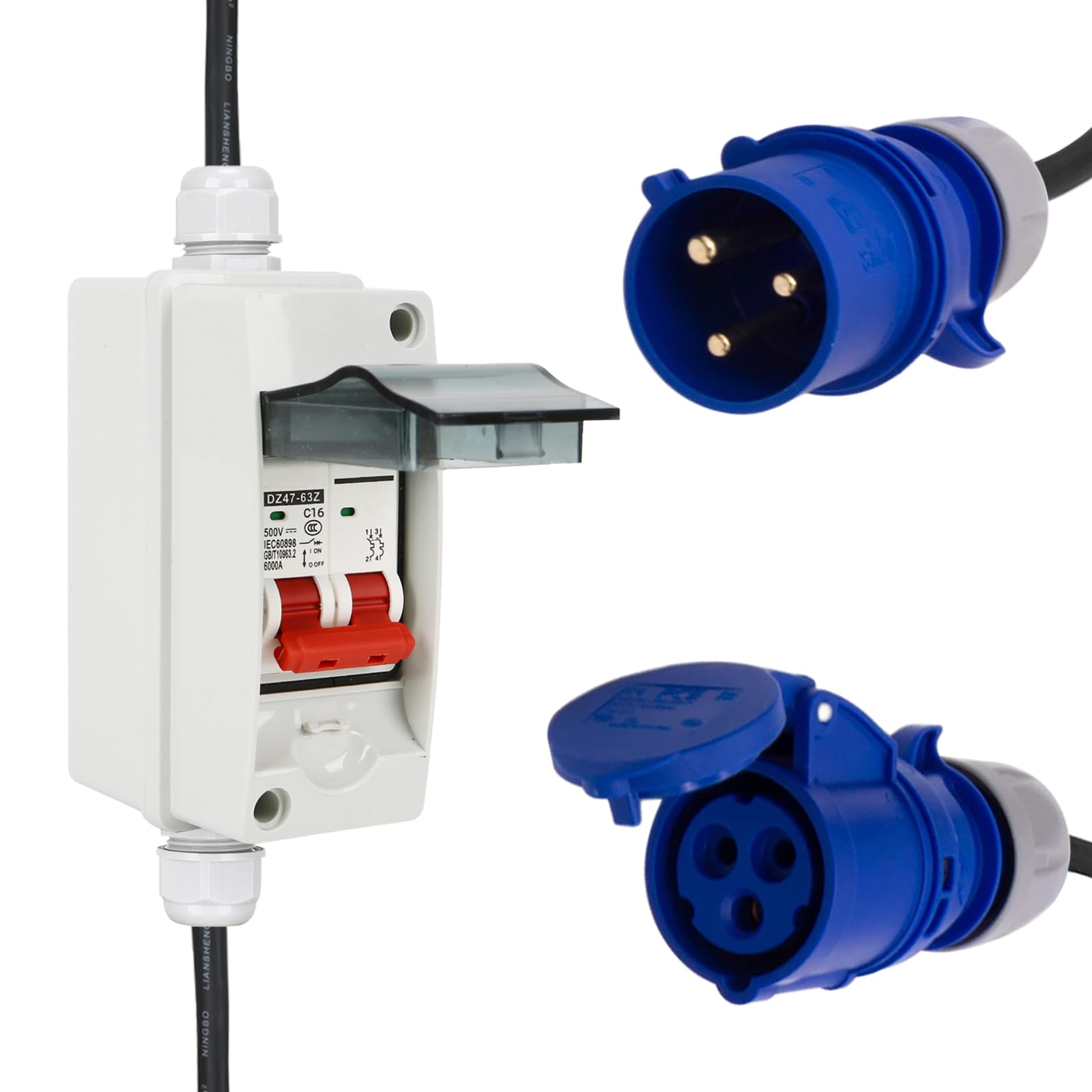 CEE Adapter 32 A na 16 A, 3P z falownikiem fazowym, CEE, adapter prądu silnego 32 A, wtyczka do złącza 16 A, z wyłącznikiem nadmiarowym, przedłużony kabel (niebieski)