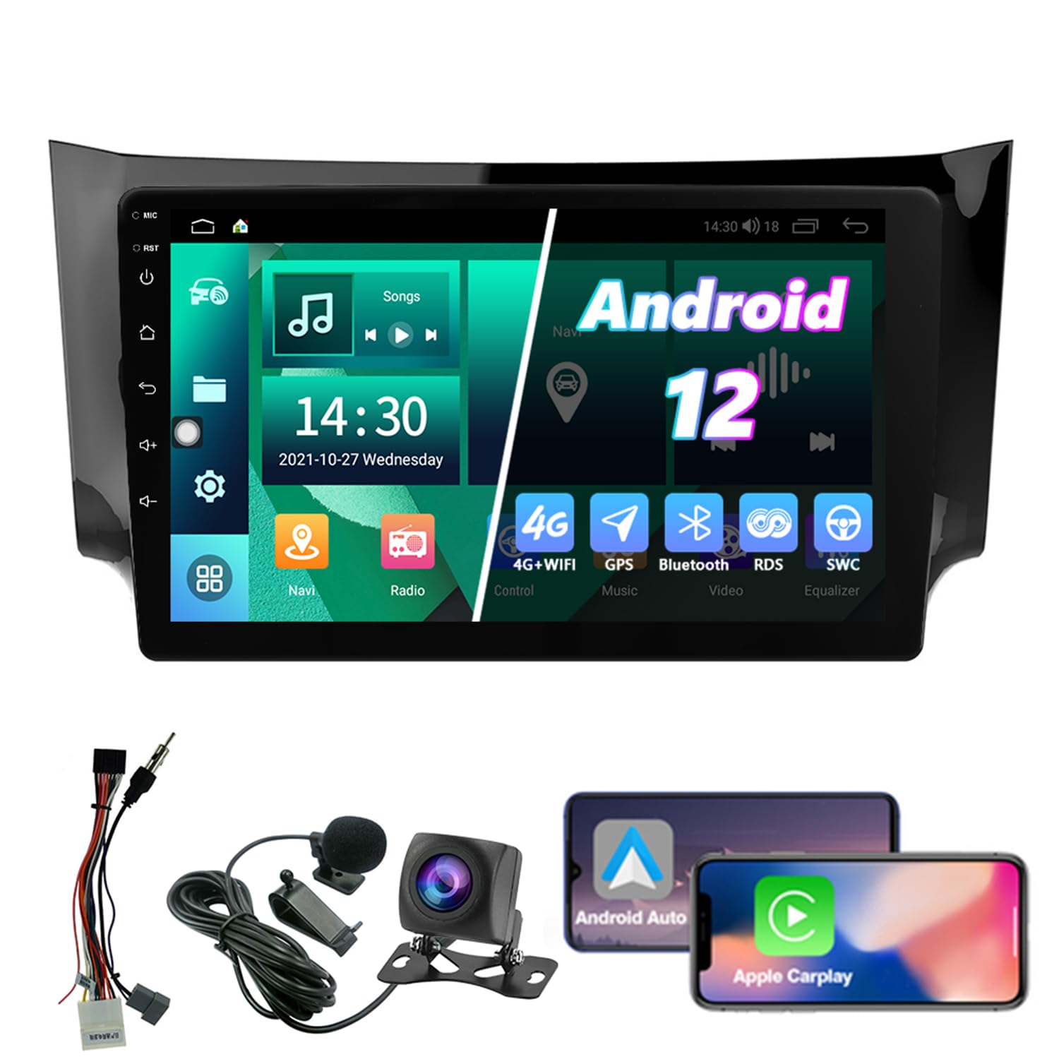 Android 12 2Din Car Stereo for Nissan Sylphy Sentra 2012-2017 7862 Carplay&Android Auto, 9-inch Touchscreen car Radio with GPS 4G+WiFi Bluetooth FM/RDS Radio SWC Dual USB+AHD Camera mic (4GB+32GB)