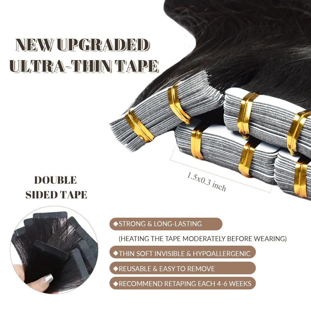 Taśma w rozszerzeniach Taśma doczepiana z włosów Ludzkie włosy, 20 sztuk/50 g 16-26 cali Naturalna czerń Body Wave Doczepy Remy Bezszwowa skóra wątkowa Ins dla kobiet Niewidzialne włosy(24 inches)