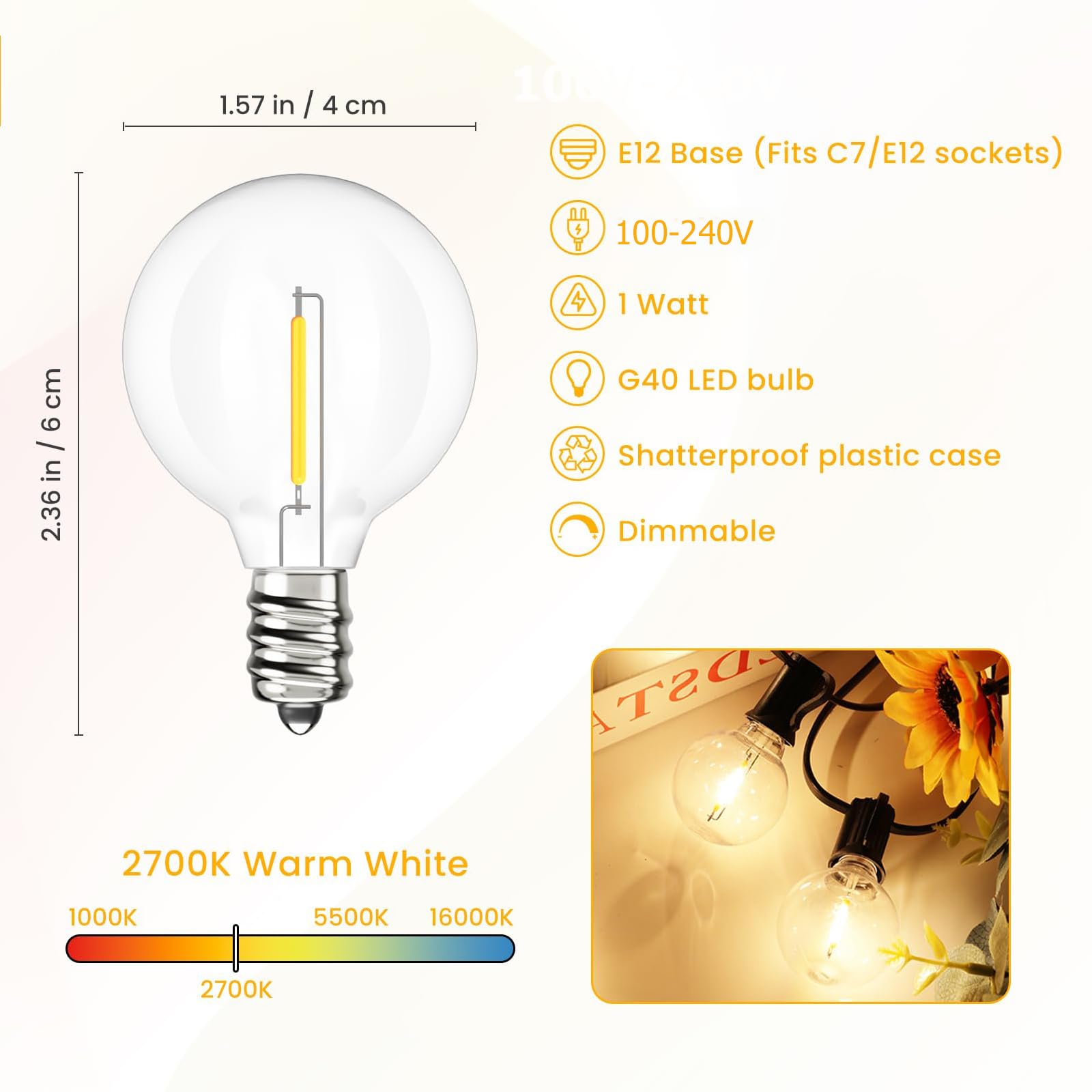 Svater G40 LED Lampadina di ricambio per Catena Luminosa Lampadine E12 Edison Stile Vintage Luce Caldo Giallo 2700K Filamento 1W Plastica Angolo 360 Gradi Dimmerabile Confezione da 25