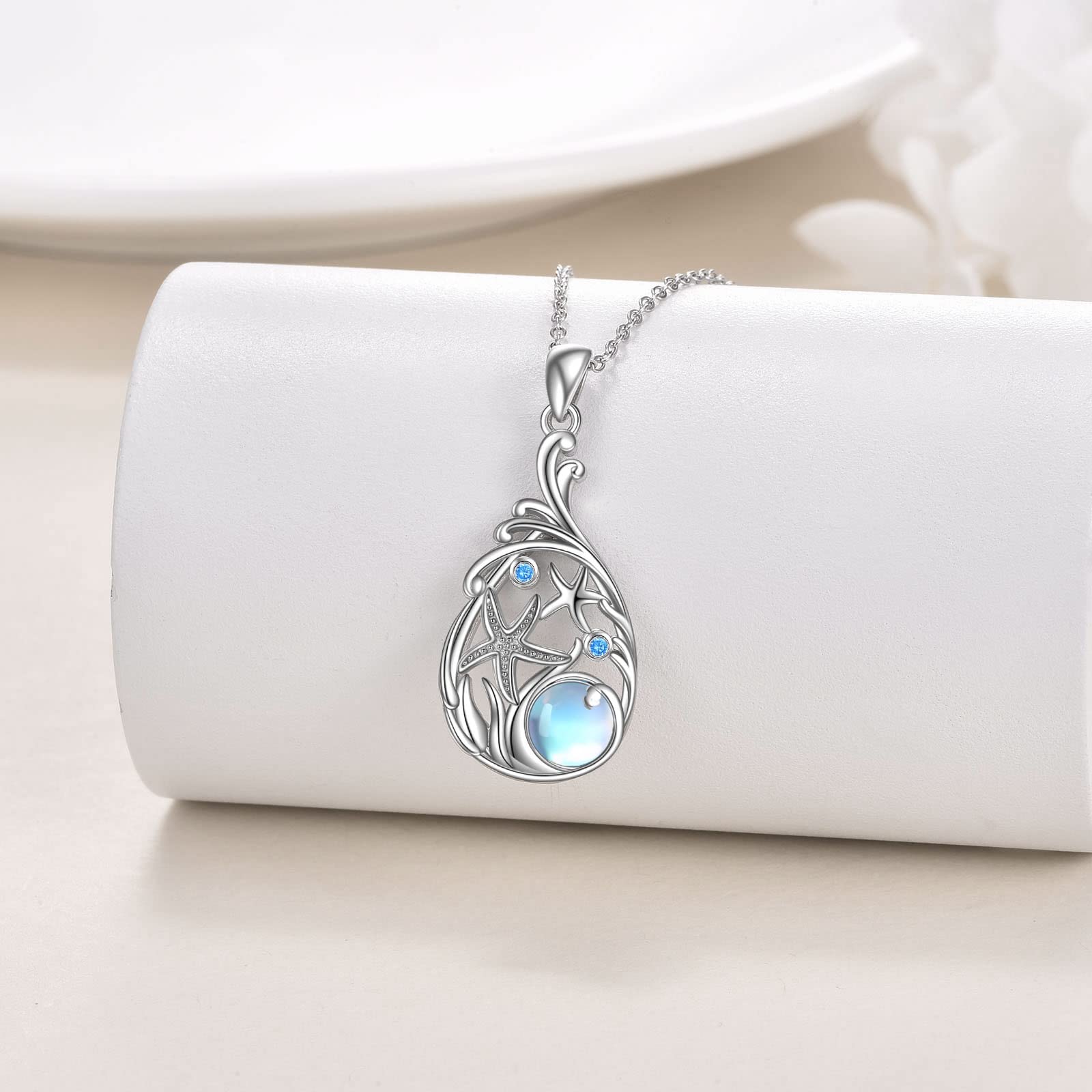 YFN Collar de playa con estrella de mar para mujer Plata de Ley Moonstone Teardrop Joyería