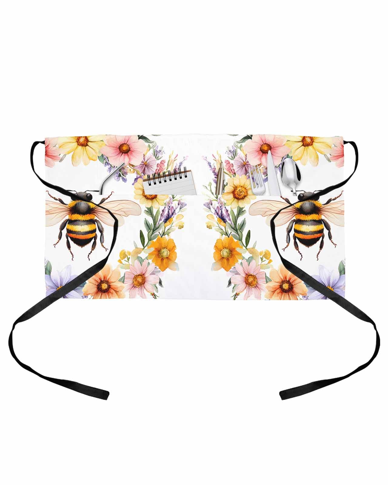 PIEPLE Pastoral Bee Wreath Server Apron Waitress Aprons with 3 Pockets, Spring Watercolor Flowers Half Waist Waiter Aprons Restaurant Chef Aprons for Women Men