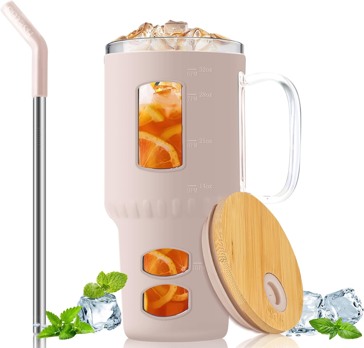 Glass Water Tumbler with Straw and Lid, 32 oz Water Bottle with Handle,Bamboo Lid & Stainless Steel Straw, Portable for Car Holder, Office, Outdoor, Gym