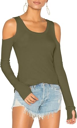 Mippo Cold Shoulder Tops for Women Long Sleeve Workout Tops | Loose Fit, Off the Shoulder Top, Thumb Holes, Lightweight, Yoga and Casual, Easy to Care