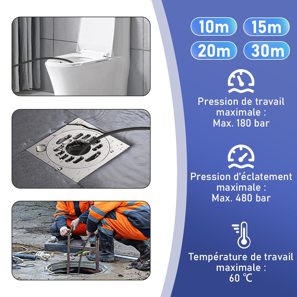 Tuyau Déboucheur Canalisation pour Nettoyeur Haute Pression 20m 180bar avec Sac & Adaptateur M22, Kit Furet Professionnel Buse 4 Jets, Compatible avec Kränzle Kärcher K2, K3, K4, K5, K6, K7