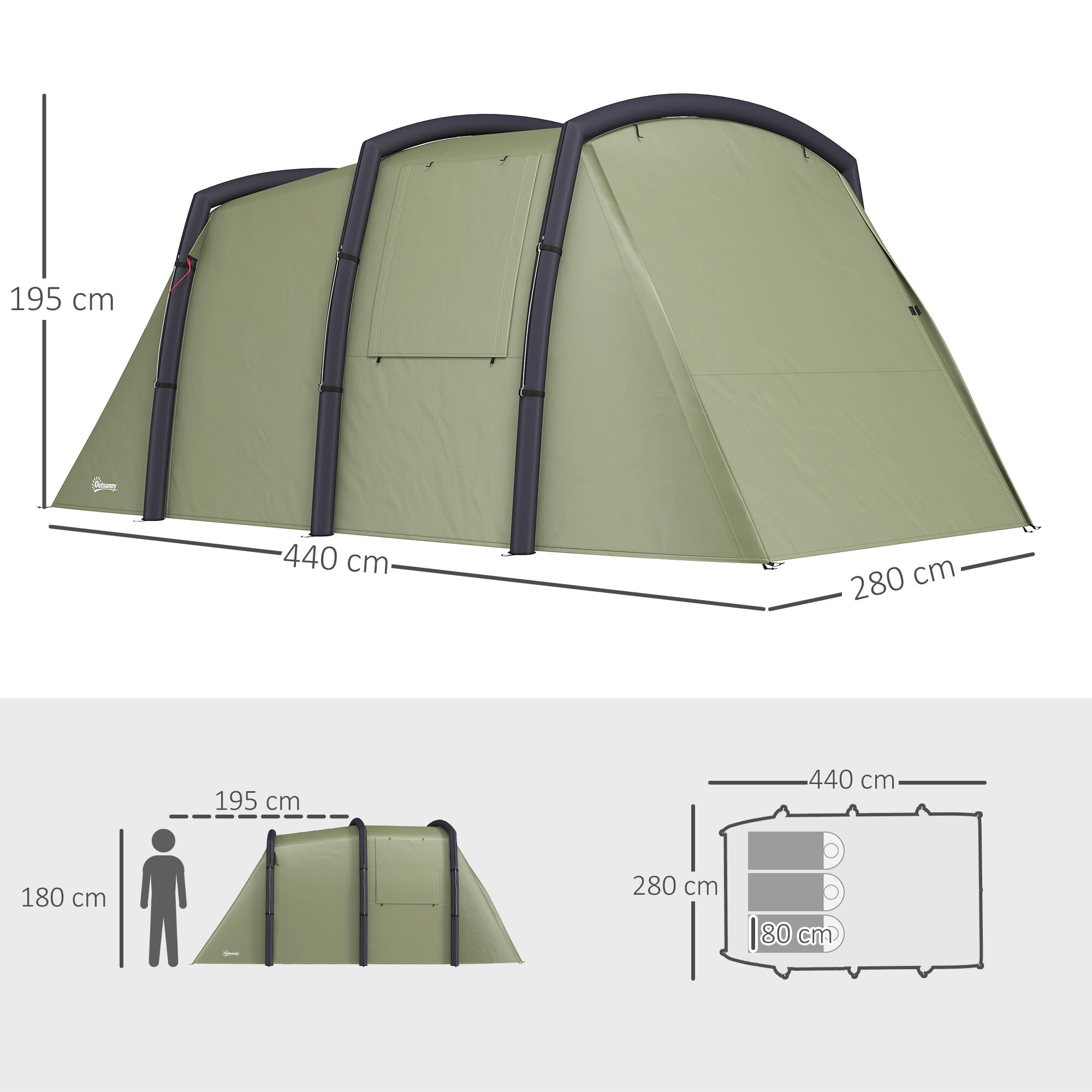 Outsunny Tenda gonfiabile per 3-6 persone - Tenda da campeggio per esterni con pompa ad aria UV50+ Tenda familiare antivento per 3 stagioni