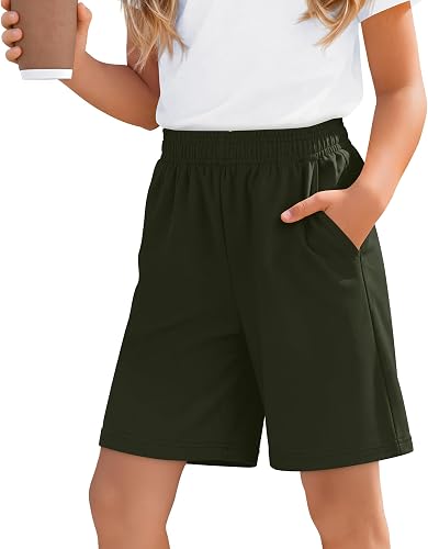 Langyiwee Girls' Athletic Bermuda Shorts, Army Green, 9-10 Years