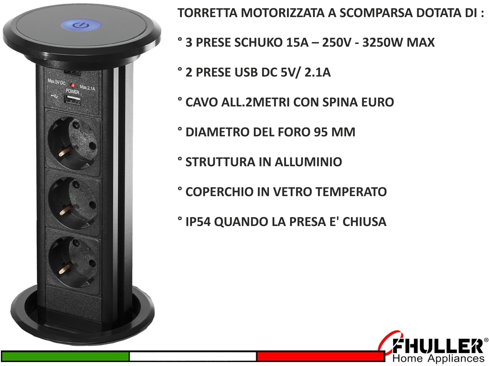 Torretta Presa Elettrica a Scomparsa Automatica – Ciabatta in Alluminio e Plexiglas con 3 Slot, 2 Porte USB, Cavo da 2 Metri – Design Moderno per Cucine e Uffici (Nero)