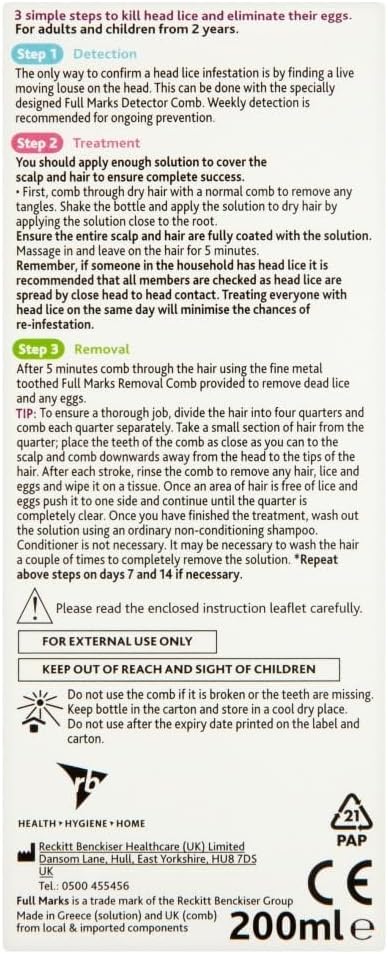 Full Marks 200ml Head Lice Solution - Simple 5-Minute Formula, Eliminates Lice & Eggs, Includes Comb, Effective Scalp Care in One Use, Fast-Acting Treatment