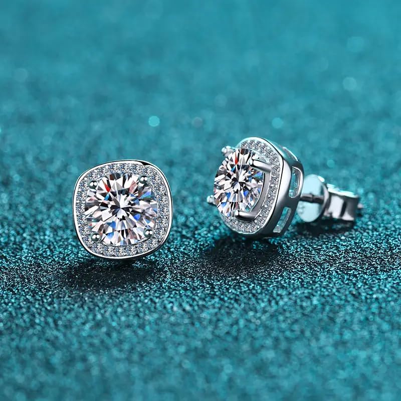 Image of 1-2 ct /pair Starlight Squared Halo Bliss Solitaire Studs Moissanite Earrings for Women and Men; Sterling Silver; GRA Certified; D VVS1