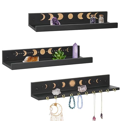 Crystal Shelf with Hooks Set of 3, Moon Shelf Display Wall Mount, Wood Floating Shelves for Celestial Decor and Room Decor, Crystal Display Shelf Holder for Stones, Essential Oils (Black) - Black