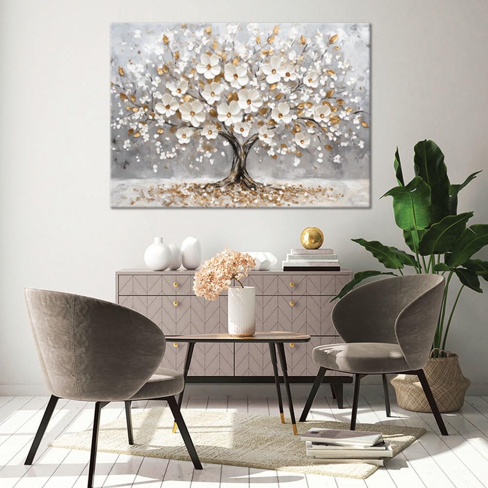 Feeby Lienzos Decorativos - Cuadros Decoracion Salon Modernos - Árbol de la vida hojas blancas doradas - 90x60 cm - Decoración Para el Salón y el Dormitorio