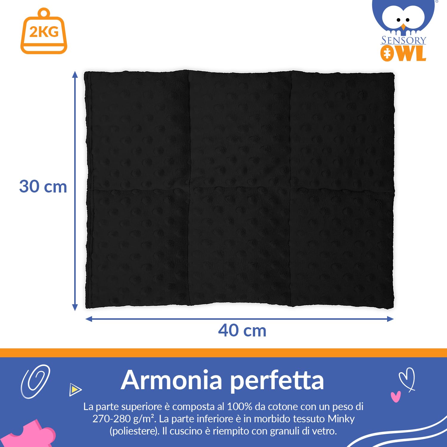 Cuscino Ponderato per Ginocchia Cuscino con Peso Sensoriale Terapeutico in Cotone Sollievo dallo Stress 30 x 40 cm 2 kg Nero