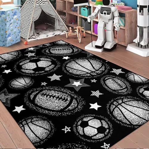 Sports Balls Area Rug - Black Balls Rug for Boys Kids Room Sports Carpet Rugs, 4'×5'