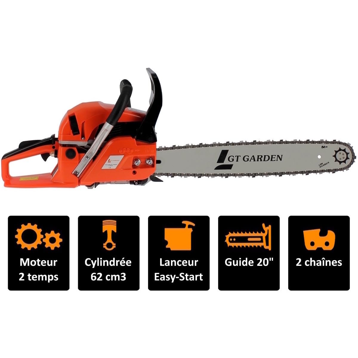 GT Garden Tronçonneuse Thermique 62 cm3, 3.5 CV, Guide 50 cm, 2 chaînes
