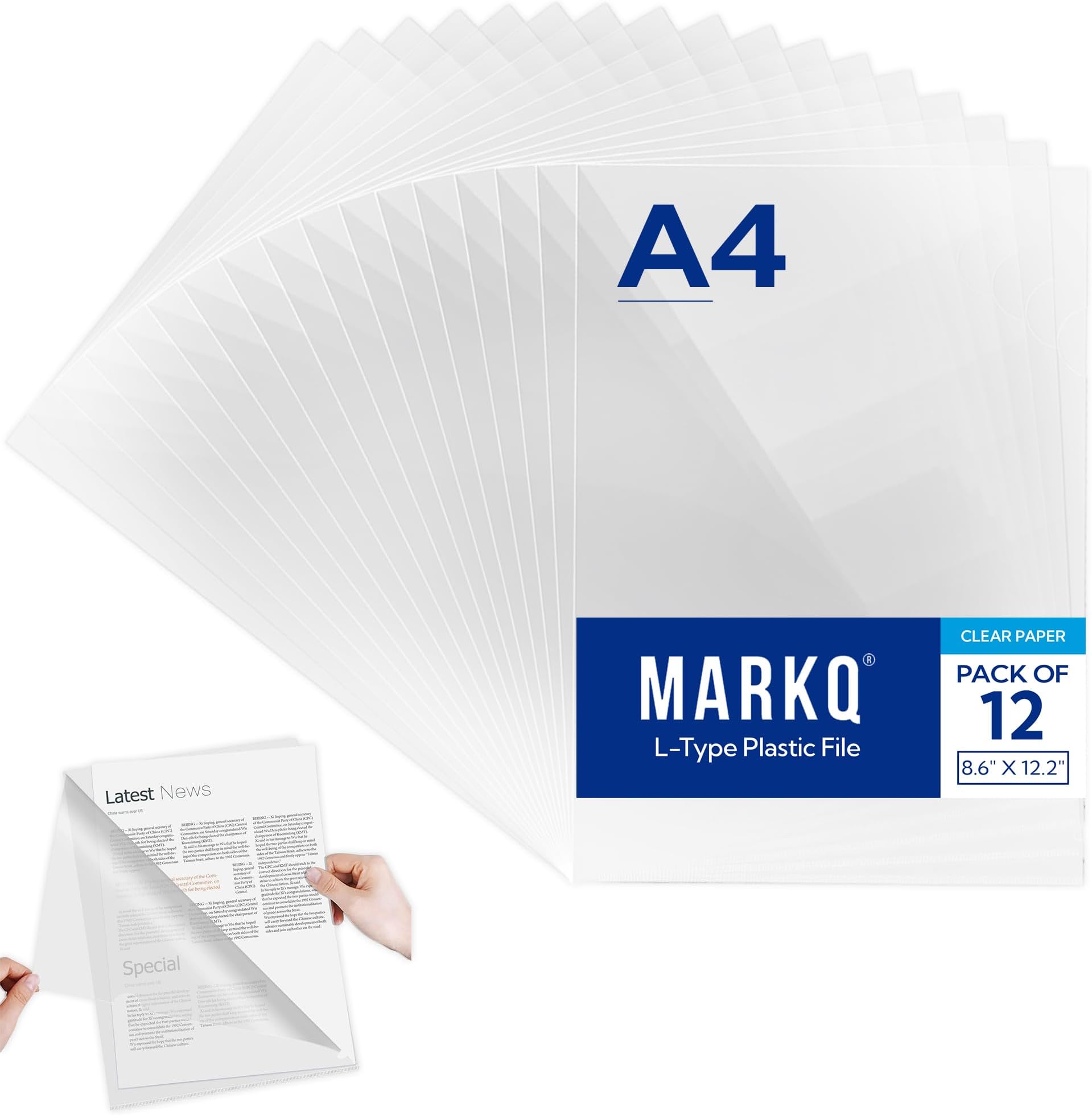 MARKQ Clear File, A4 Plastic Transparent Folders L-Type For Documents, Paper Storage School, Office Supplies (Pack of 12)