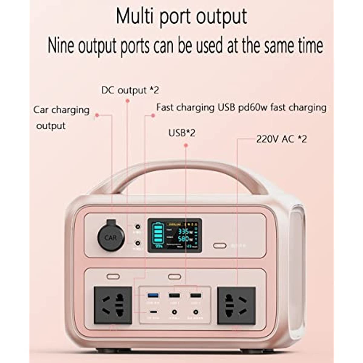 Stazione di alimentazione da campeggio, generatore portatile con presa CA da 110 V, doppie porte USB e uscite CC, batteria solare per campeggio, camper, backup di emergenza (rosa 600 W 600 Wh 2,5 or
