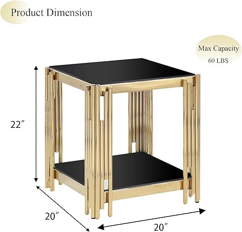 Miniatura 2 de Mesa auxiliar moderna de cristal, mesa auxiliar de 20 pulgadas con marco de metal y parte superior de vidrio templado, mesa de noche dorada, mesa de