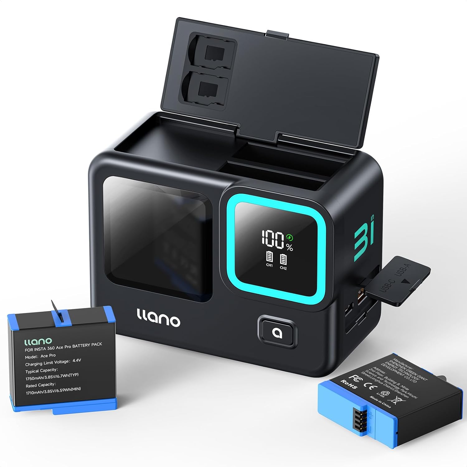 llano 2-Pack Ace Pro 2 Batteries and 3-in-1 Fast Charger Set for Insta360 Ace Pro 2/Ace Pro/Ace Action Cameras, PD 30W, 12800mAh Built-in Battery, Store 2 MicroSD Cards, Real-Time Digital Display