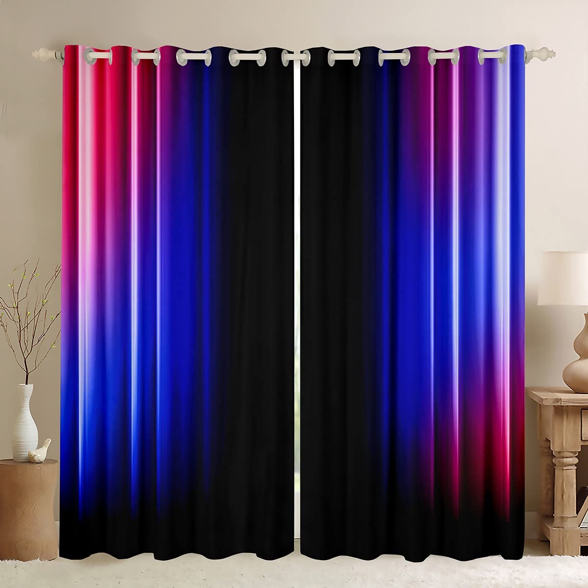 Loussiesd Geometric Abstract Ombre Window Curtains for Bedroom Living Room Kids Teens Red Blue And Black Striped Curtains Decor Modern Fashion Window Drapes Treatments W66*L72