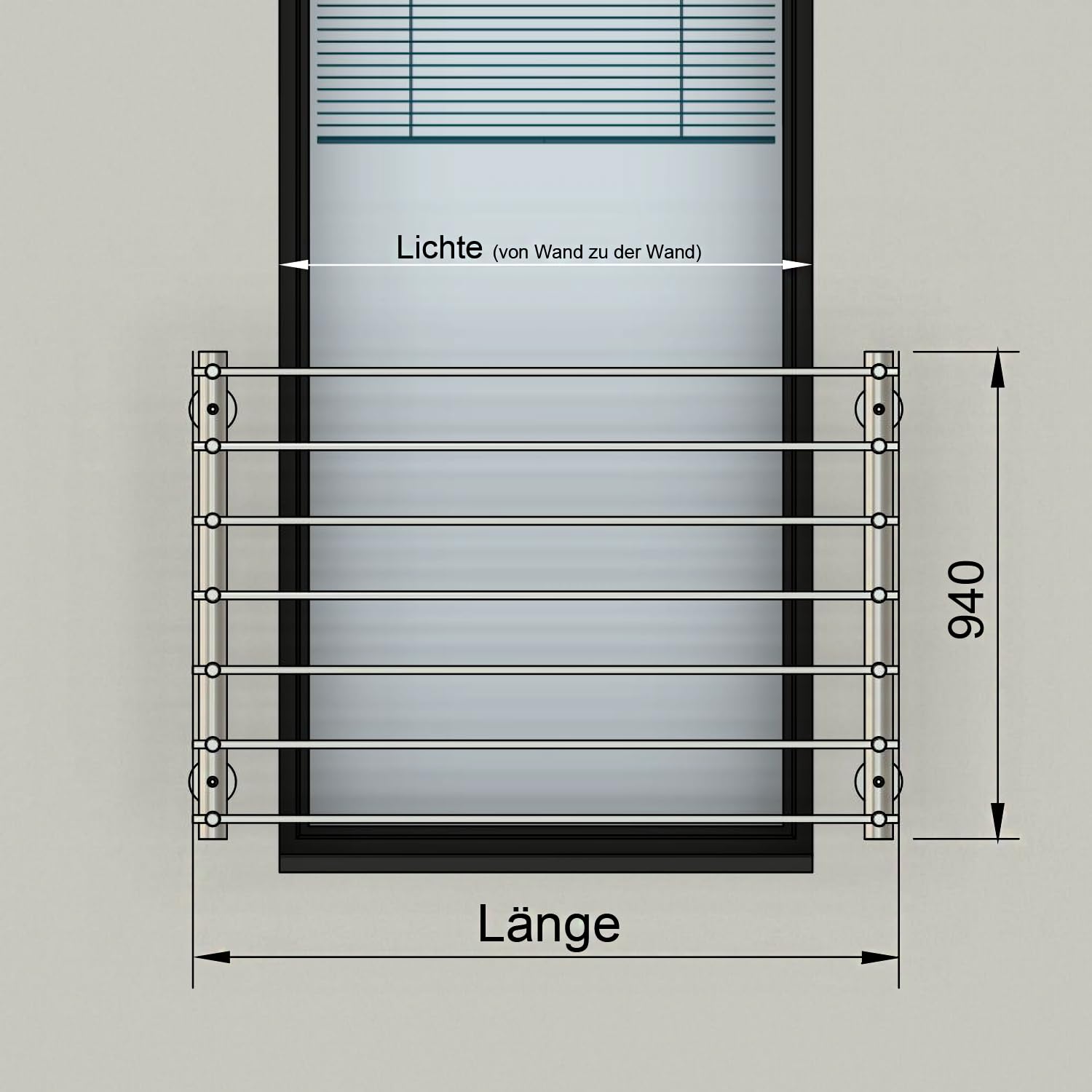 Edelstahl V2A Französischer Balkon, Querstabgeländer, Außenbefestigung. Verschiedene Größen: 100x90 cm bis 185x90 cm. Inkl. Montageset (ohne Montageset, 100 x 90 cm)