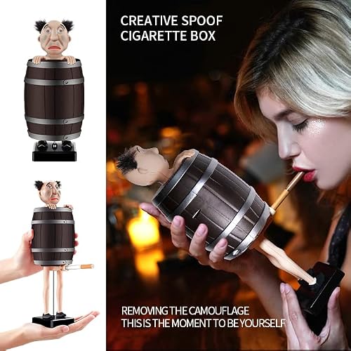 Funny Cigarette Dispenser, Prank Automatic Bounce Cigarette Case Box, Weird Old Man In The Wooden Barrel Cigarette Box Figurines Statue For Christmas Party Home Decor, Prank Toy Gift For Man #TOP1