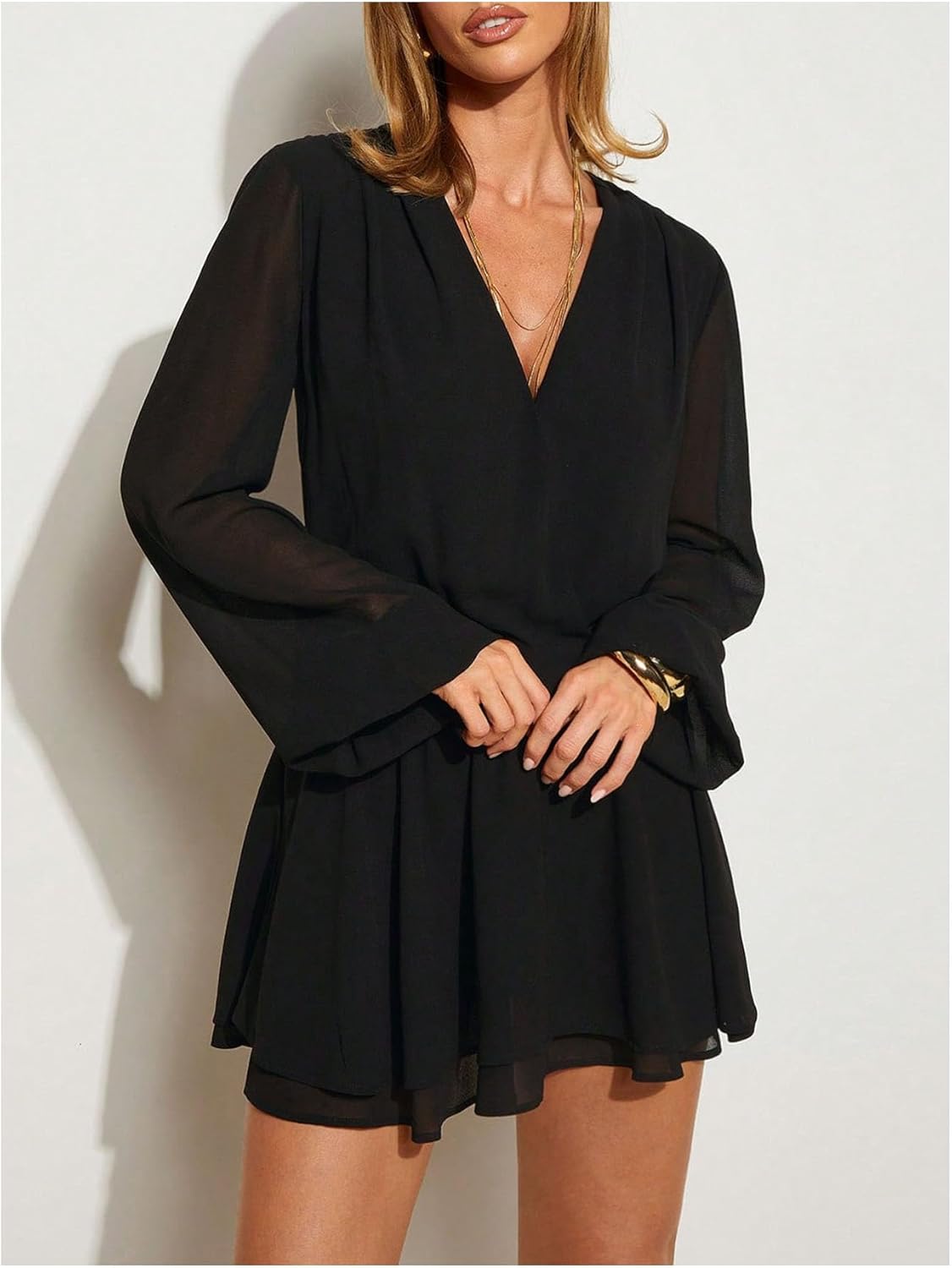 MakeMeChic Women's Deep V Neck Lantern Sleeve Mini Dress Ruffle Tiered Party Cocktail Short Dresses - Image 4