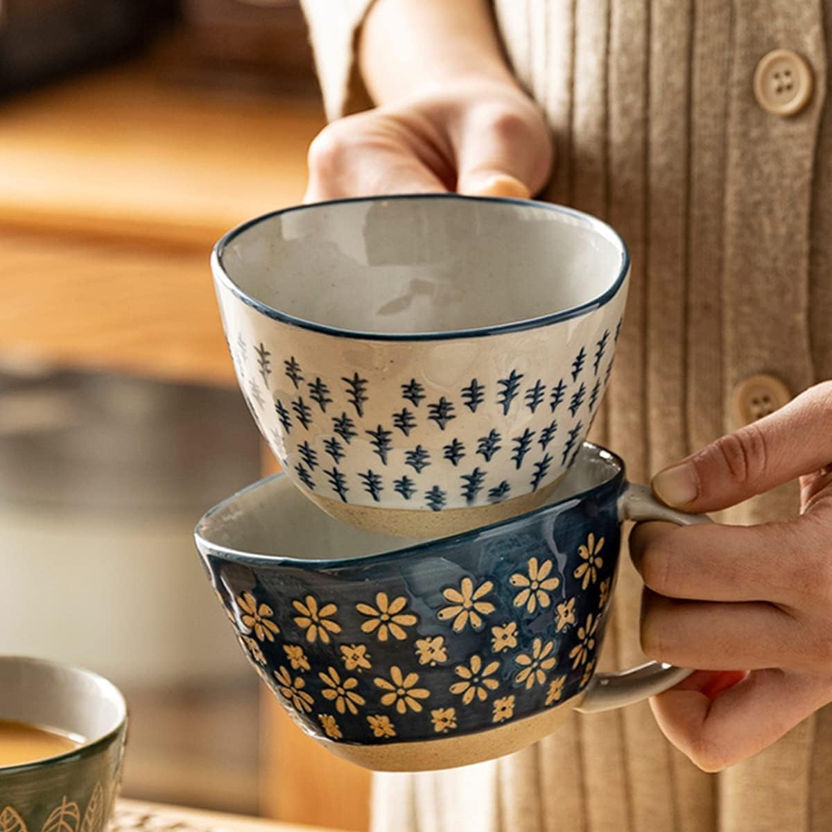Keramik Kaffeebecher Kaffeetasse, Keramikbecher, dekorative Tasse, Emaille-Becher mit Henkel, Tasse im japanischen Stil, handbemaltes Muster, 11 Unzen, 1 Stück(D)